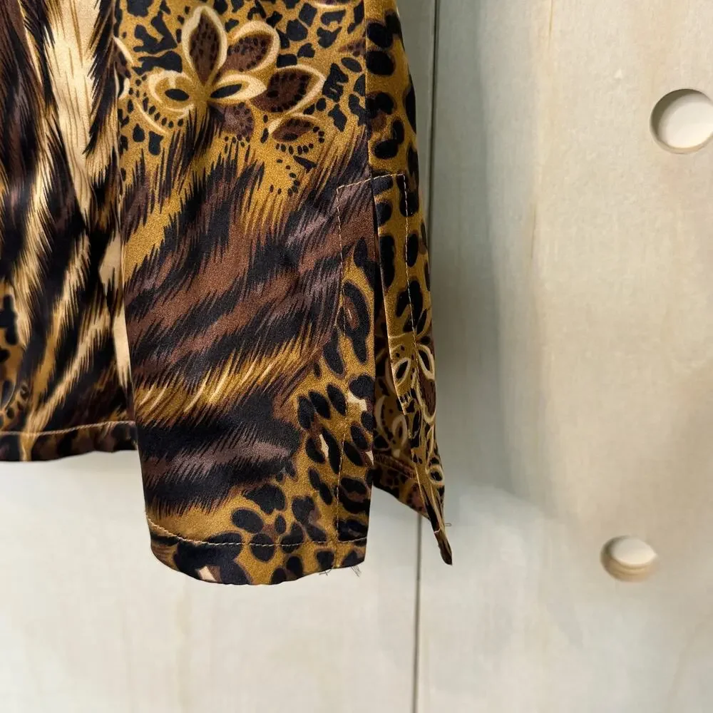 TRIBAL Jungle Cats Animal Print Blouse Size 12 100% Silk Brown Tan Black - Picture 5 of 11